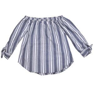 No Comment Striped Blue White Off The Shoulder Top Size Medium